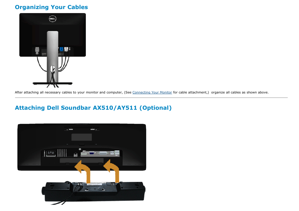 Organizing your cables, Attaching dell soundbar ax510/ay511 (optional) | Dell P1913 Monitor User Manual | Page 25 / 59