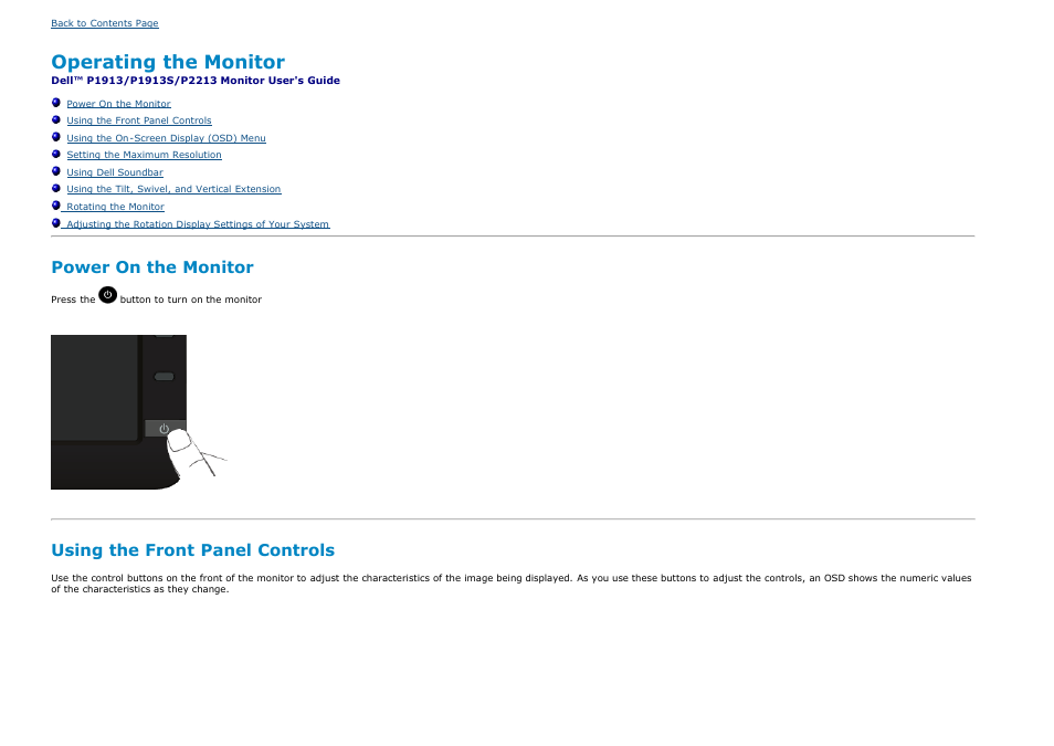 Dell p1913/p1913s/p2213 monitor user's guide, Operating the monitor, Power on the monitor | Using the front panel controls | Dell P1913 Monitor User Manual | Page 28 / 59