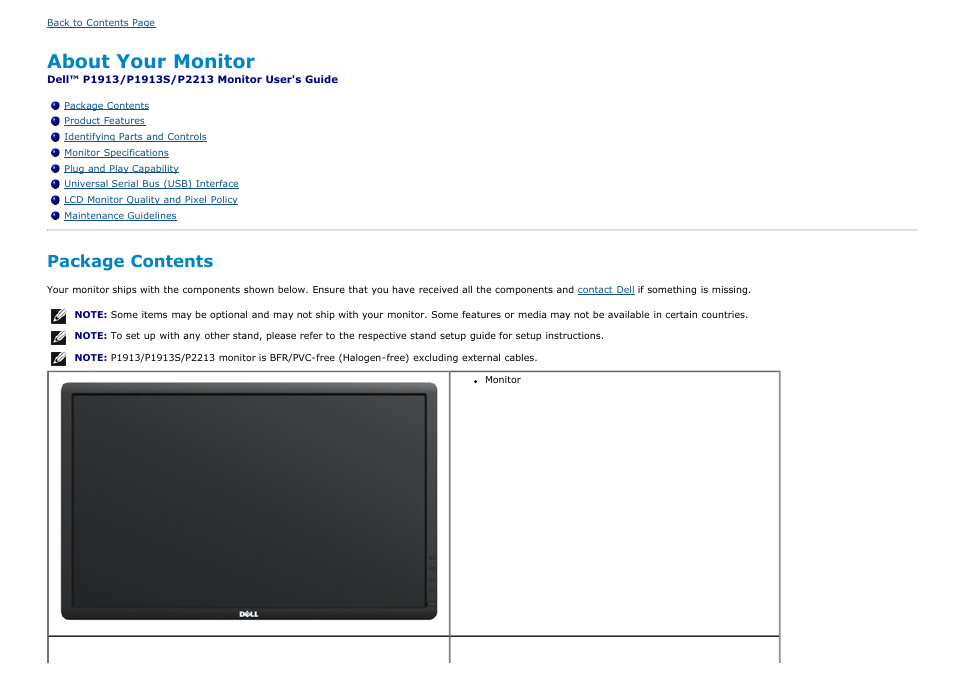 Dell p1913/p1913s/p2213 monitor user's guide, About your monitor, Package contents | Dell P1913 Monitor User Manual | Page 3 / 59