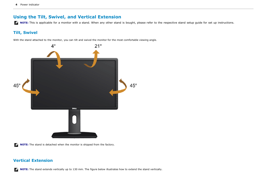 Using the tilt, swivel, and vertical extension, Tilt, swivel, Vertical extension | Dell P1913 Monitor User Manual | Page 48 / 59