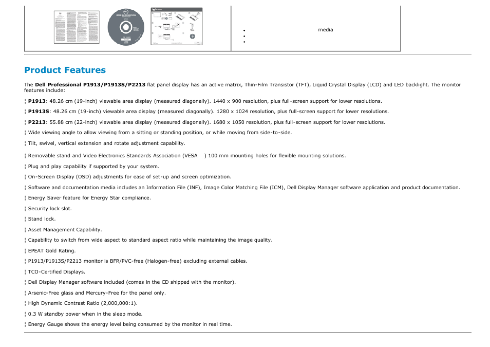 Product features | Dell P1913 Monitor User Manual | Page 5 / 59