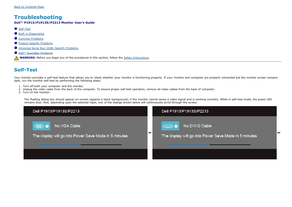 Dell p1913/p1913s/p2213 monitor, Troubleshooting, Solving problems | Self-test | Dell P1913 Monitor User Manual | Page 51 / 59