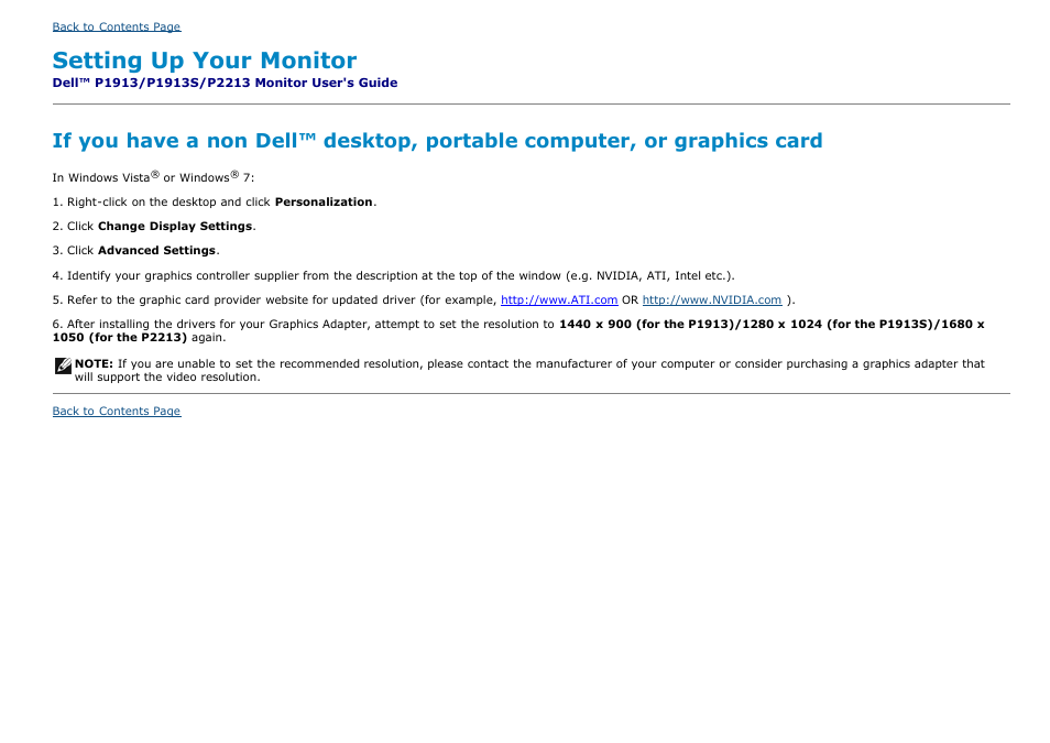 Dell p1913/p1913s/p2213 monitor, Setting up your monitor | Dell P1913 Monitor User Manual | Page 59 / 59