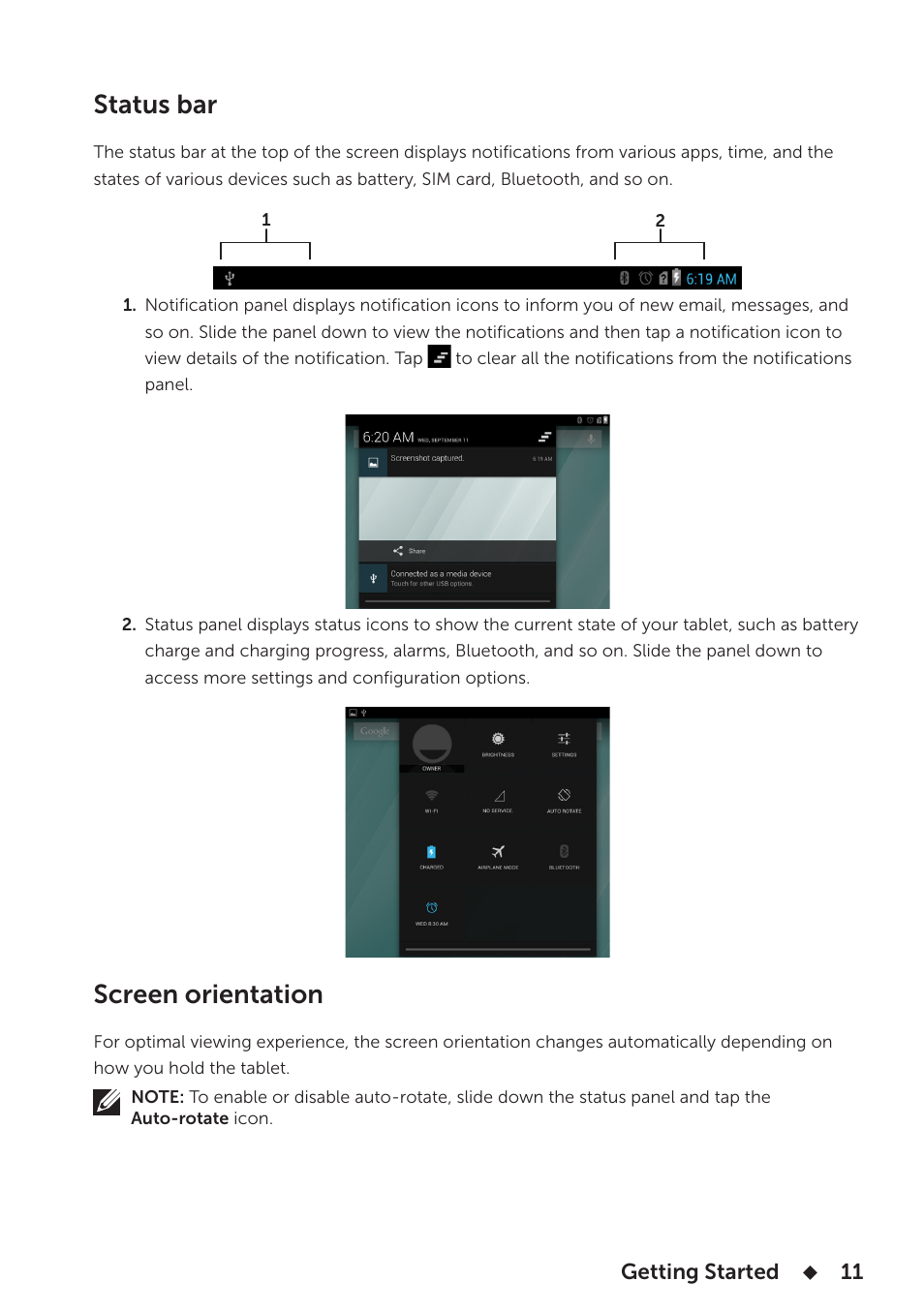 Status bar, Screen orientation, Status bar screen orientation | Dell Venue 7 User Manual | Page 11 / 28