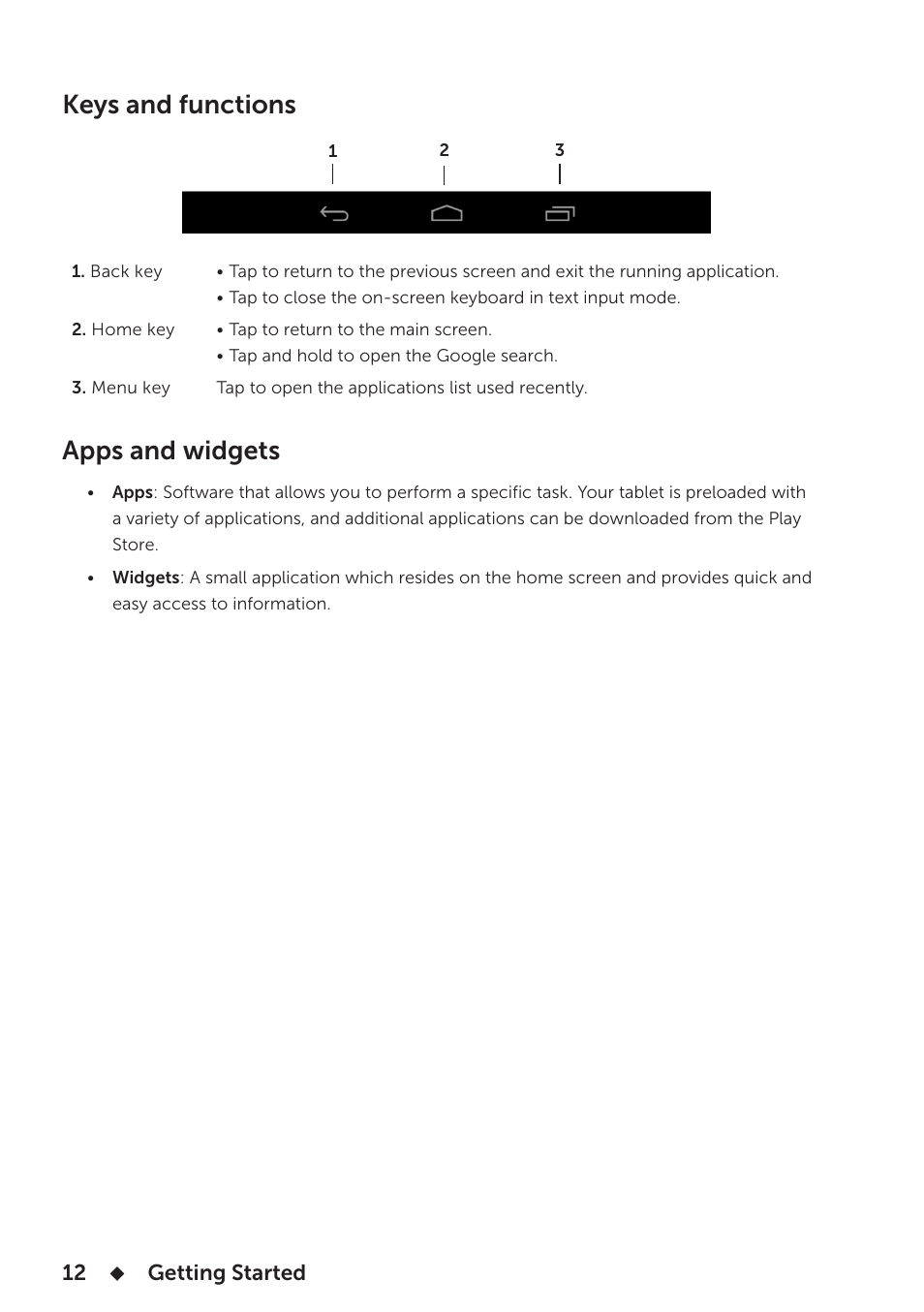 Keys and functions, Apps and widgets, Keys and functions apps and widgets | Dell Venue 7 User Manual | Page 12 / 28