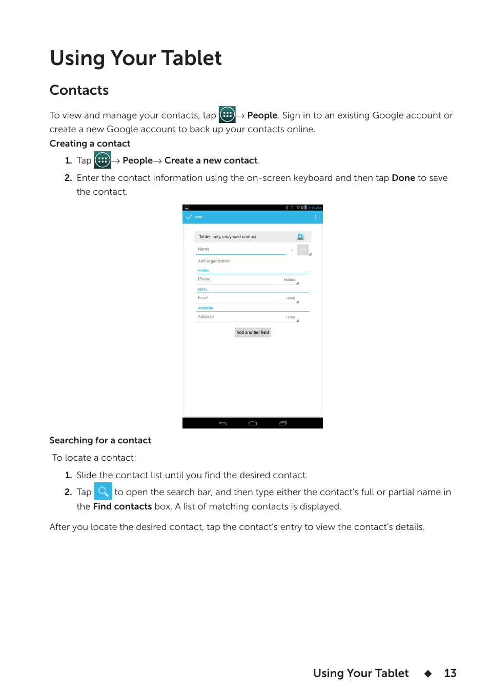 Using your tablet, Contacts | Dell Venue 7 User Manual | Page 13 / 28