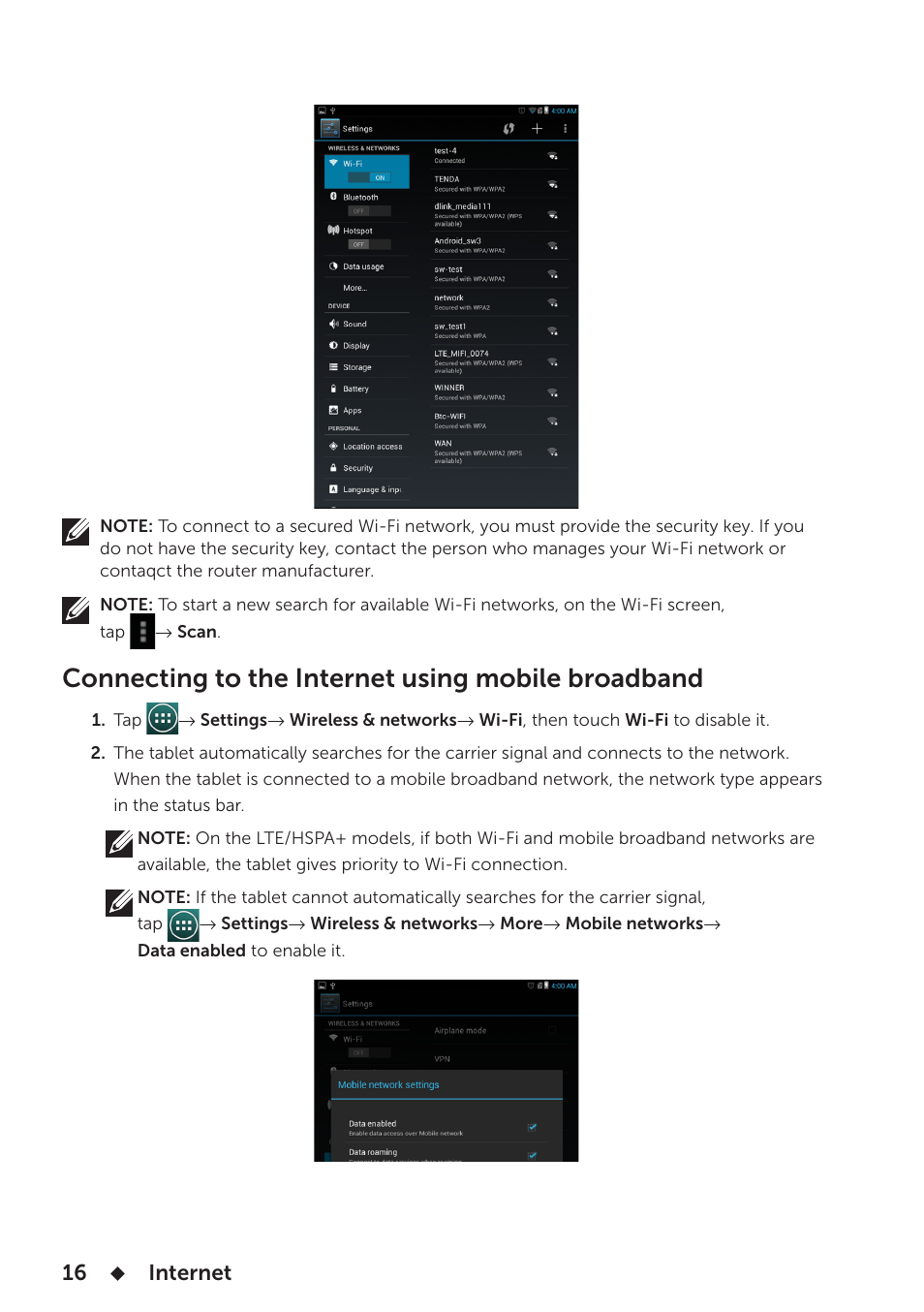 Connecting to the internet using mobile broadband | Dell Venue 7 User Manual | Page 16 / 28