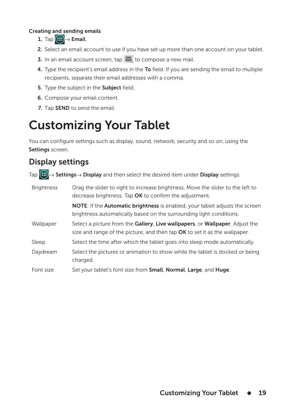 Customizing your tablet, Display settings | Dell Venue 7 User Manual | Page 19 / 28