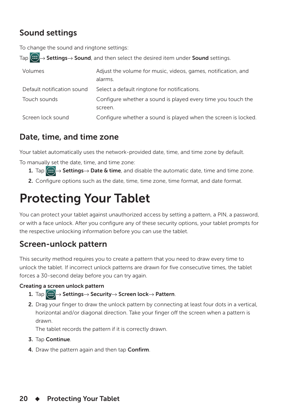 Sound settings, Date, time, and time zone, Protecting your tablet | Screen-unlock pattern, Sound settings date, time, and time zone | Dell Venue 7 User Manual | Page 20 / 28