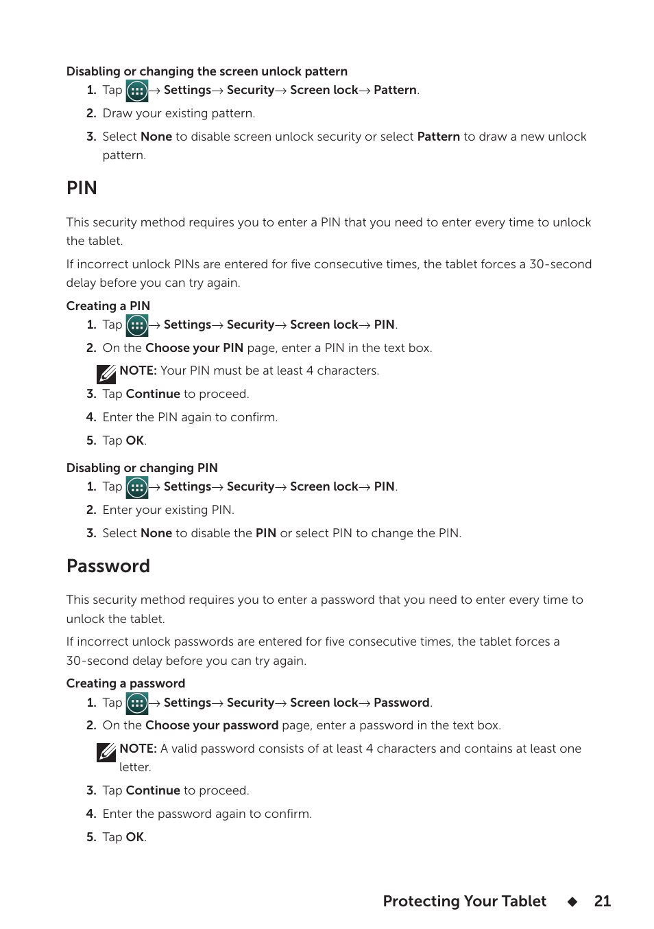 Password, Pin password | Dell Venue 7 User Manual | Page 21 / 28