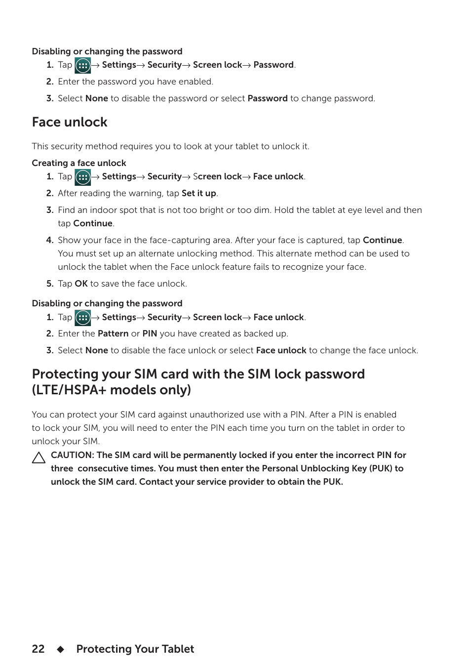 Face unlock | Dell Venue 7 User Manual | Page 22 / 28