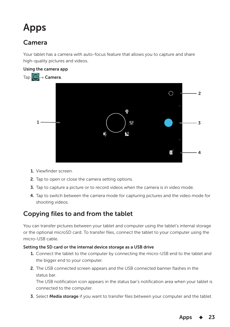 Apps, Camera, Copying files to and from the tablet | Camera copying files to and from the tablet | Dell Venue 7 User Manual | Page 23 / 28
