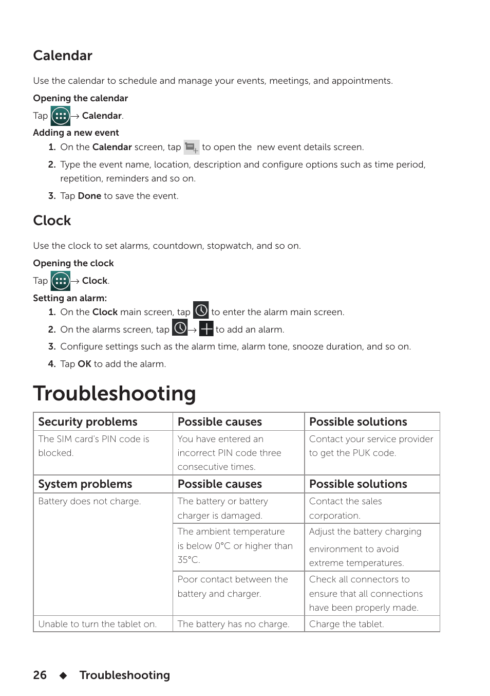 Calendar, Clock, Troubleshooting | Calendar clock | Dell Venue 7 User Manual | Page 26 / 28