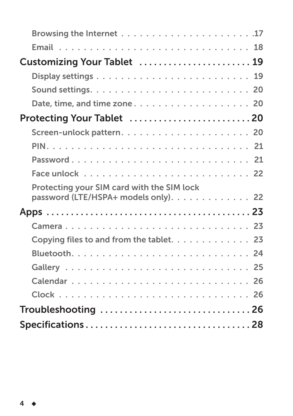Customizing your tablet, Protecting your tablet, Apps | Troubleshooting specifications | Dell Venue 7 User Manual | Page 4 / 28