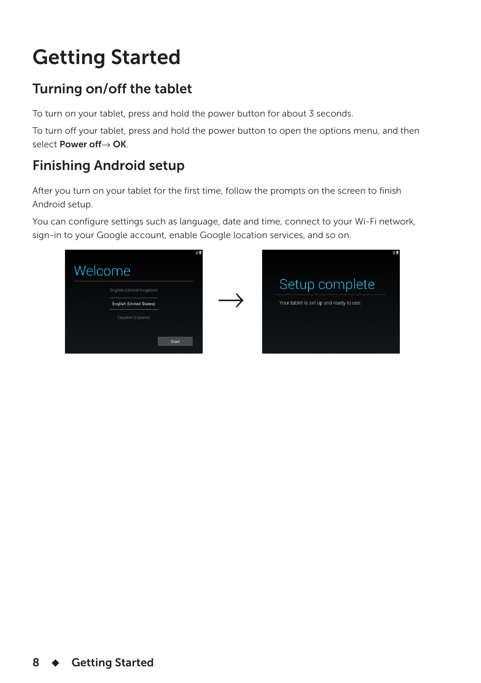 Getting started, Turning on/off the tablet, Finishing android setup | Turning on/off the tablet finishing android setup | Dell Venue 7 User Manual | Page 8 / 28