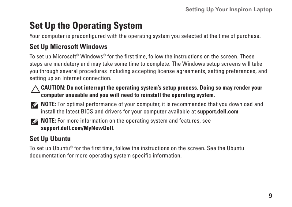 Set up the operating system | Dell Inspiron M301Z (Mid 2010) User Manual | Page 11 / 90