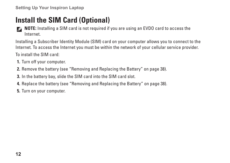 Install the sim card (optional) | Dell Inspiron M301Z (Mid 2010) User Manual | Page 14 / 90