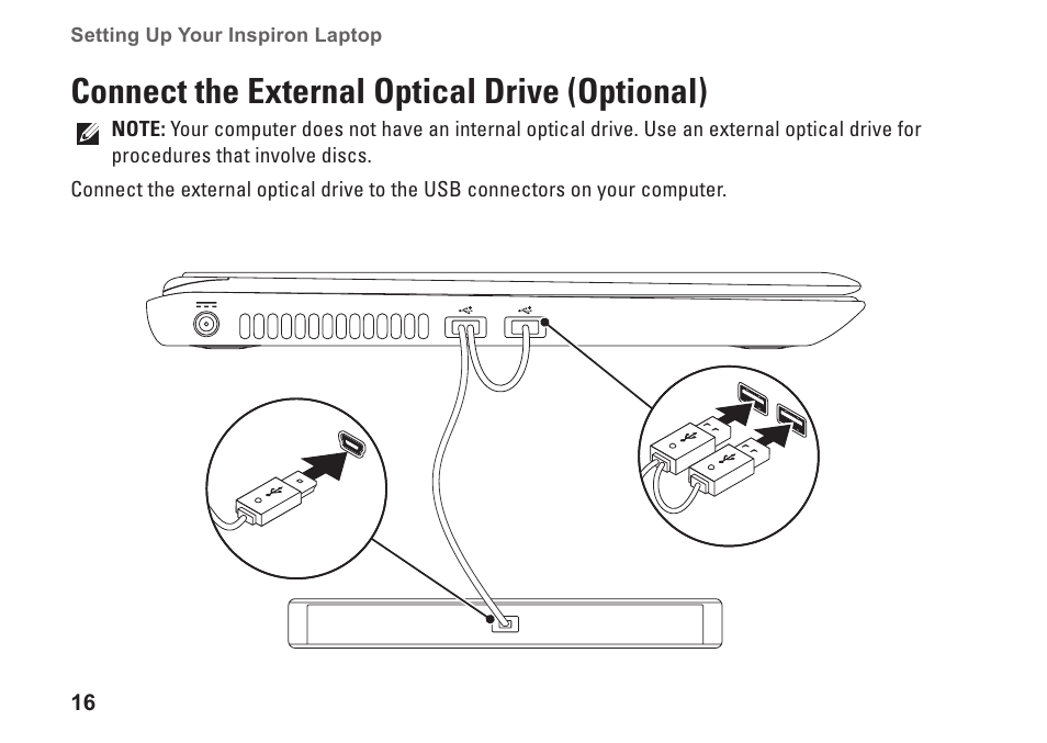 Connect the external optical drive (optional), Connect the external optical, Drive (optional) | Dell Inspiron M301Z (Mid 2010) User Manual | Page 18 / 90