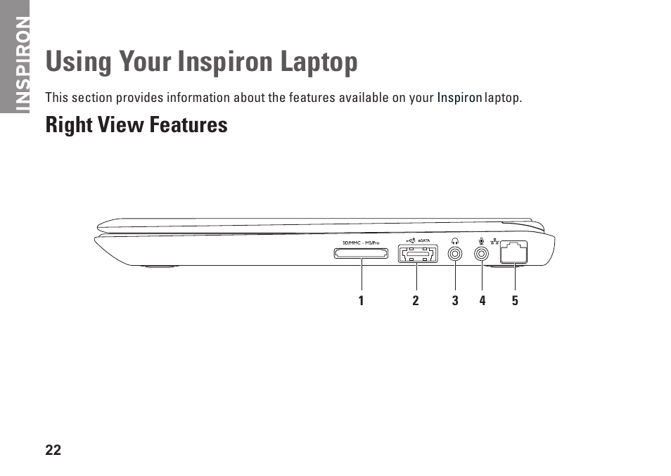 Using your inspiron laptop, Right view features, Inspiron | Dell Inspiron M301Z (Mid 2010) User Manual | Page 24 / 90