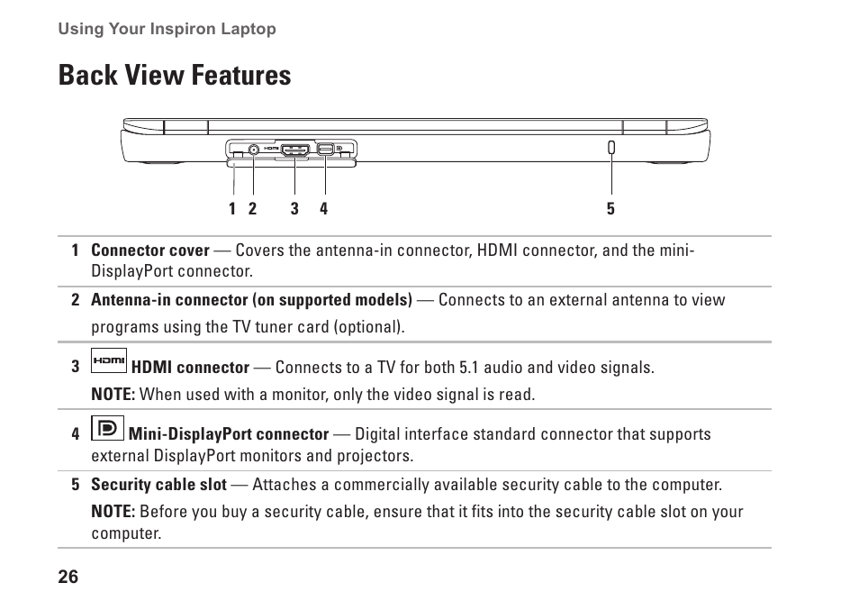 Back view features | Dell Inspiron M301Z (Mid 2010) User Manual | Page 28 / 90