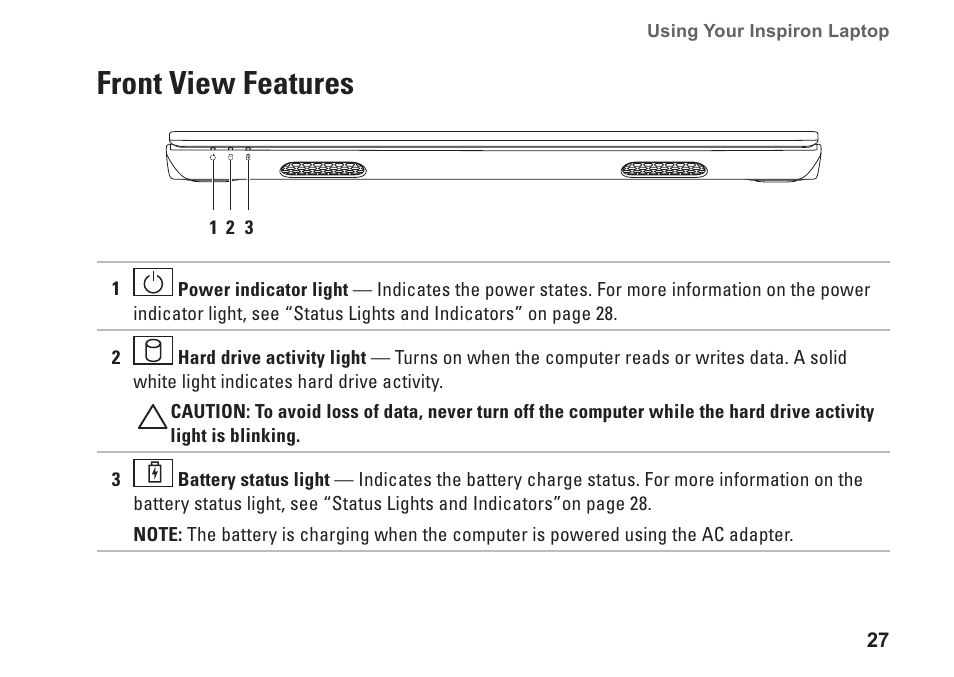 Front view features | Dell Inspiron M301Z (Mid 2010) User Manual | Page 29 / 90