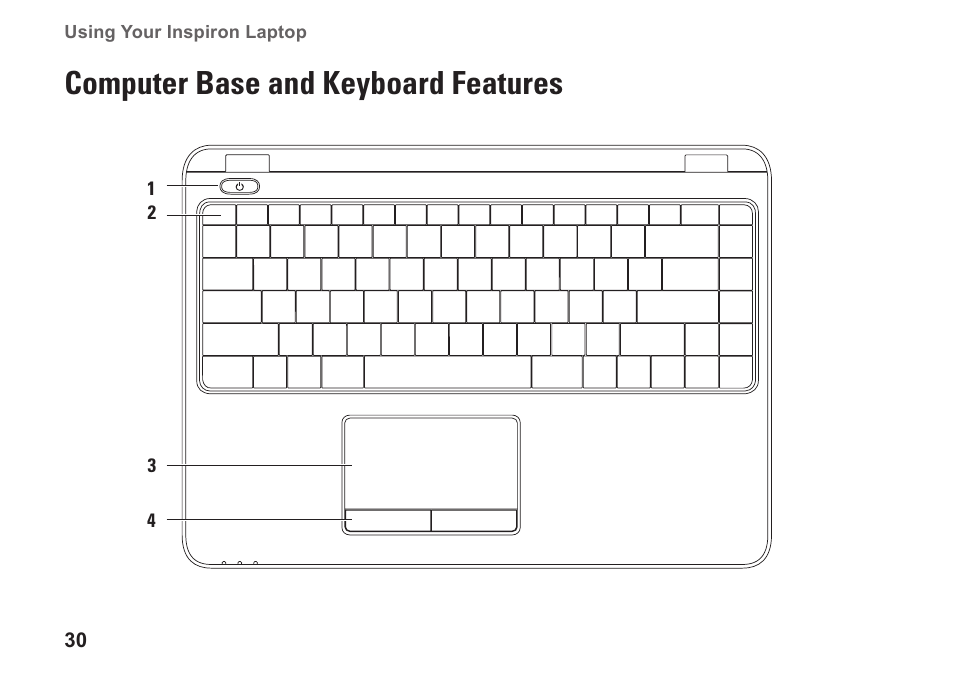 Computer base and keyboard features, Computer base and keyboard, Features | Dell Inspiron M301Z (Mid 2010) User Manual | Page 32 / 90