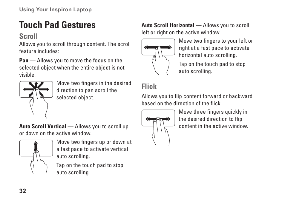 Touch pad gestures, Scroll, Flick | Dell Inspiron M301Z (Mid 2010) User Manual | Page 34 / 90