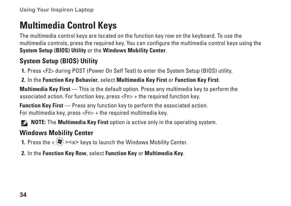Multimedia control keys | Dell Inspiron M301Z (Mid 2010) User Manual | Page 36 / 90