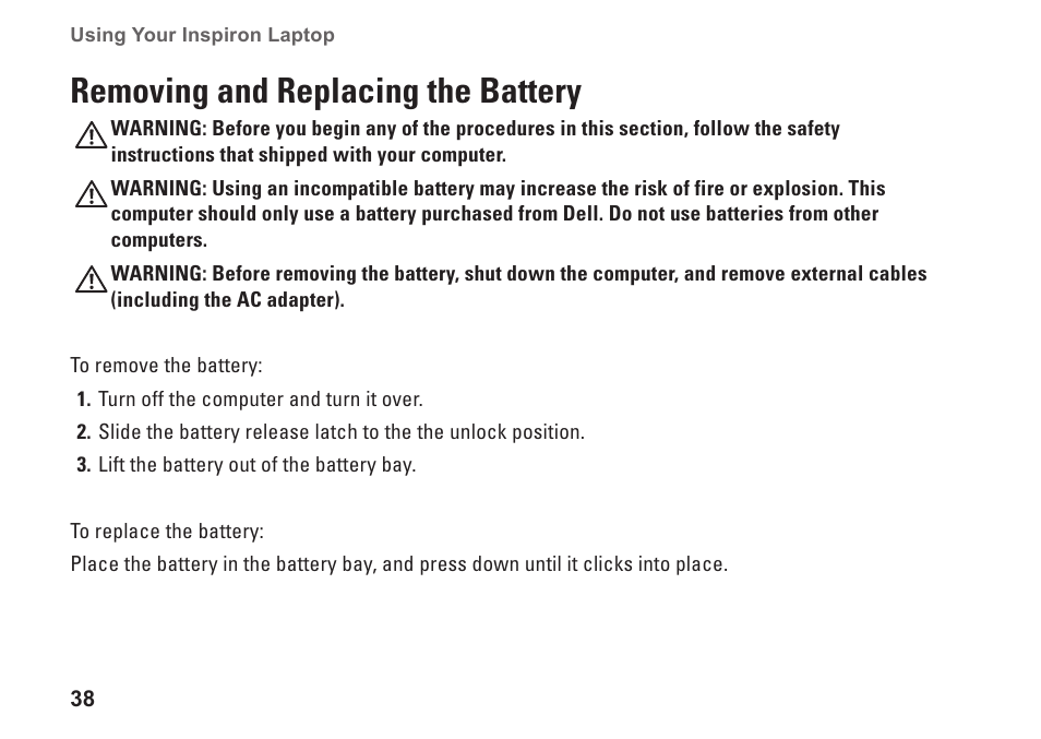 Removing and replacing the battery | Dell Inspiron M301Z (Mid 2010) User Manual | Page 40 / 90