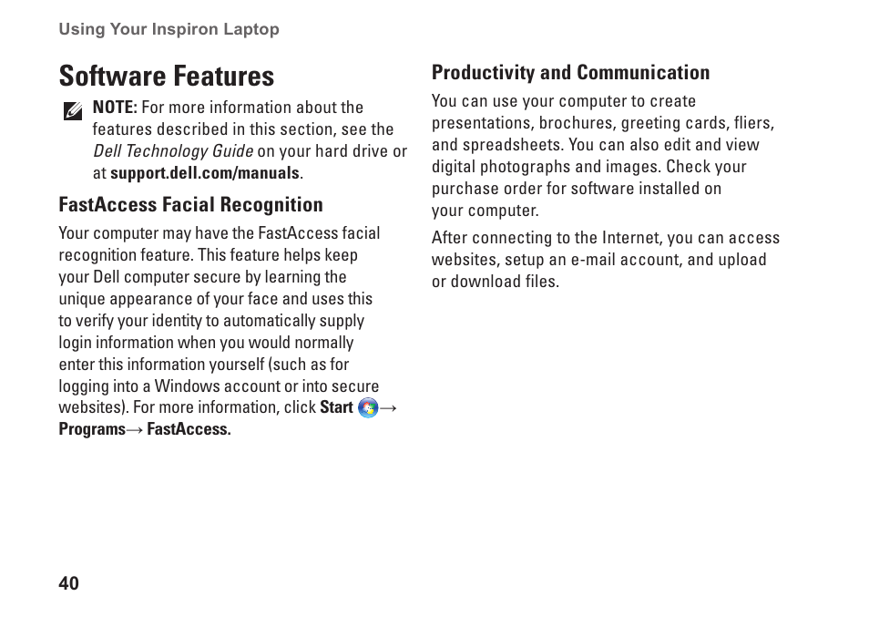 Software features | Dell Inspiron M301Z (Mid 2010) User Manual | Page 42 / 90