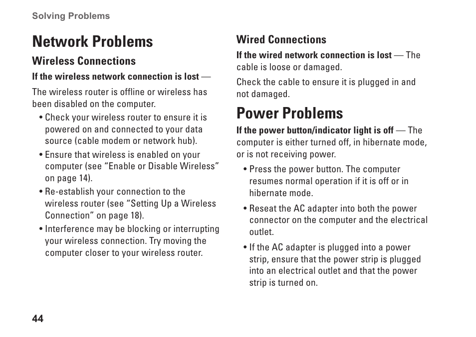 Network problems, Power problems | Dell Inspiron M301Z (Mid 2010) User Manual | Page 46 / 90