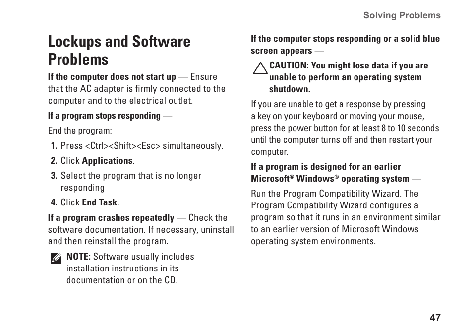 Lockups and software problems | Dell Inspiron M301Z (Mid 2010) User Manual | Page 49 / 90