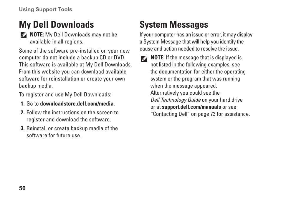 My dell downloads, System messages, My dell downloads system messages | Dell Inspiron M301Z (Mid 2010) User Manual | Page 52 / 90