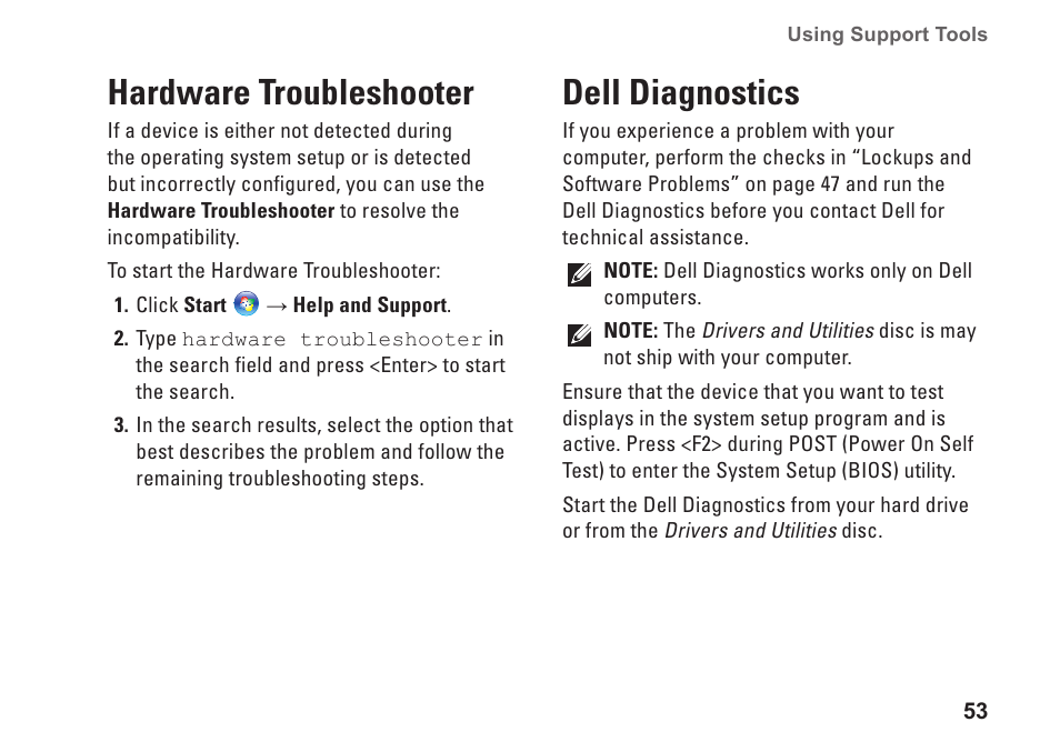 Hardware troubleshooter, Dell diagnostics, Hardware troubleshooter dell diagnostics | Dell Inspiron M301Z (Mid 2010) User Manual | Page 55 / 90