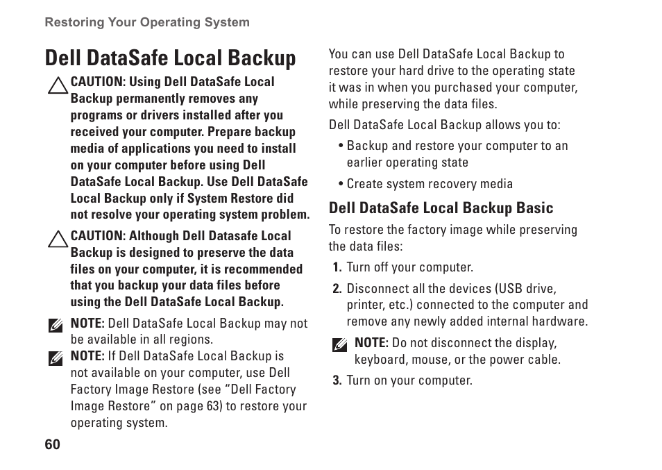 Dell datasafe local backup | Dell Inspiron M301Z (Mid 2010) User Manual | Page 62 / 90