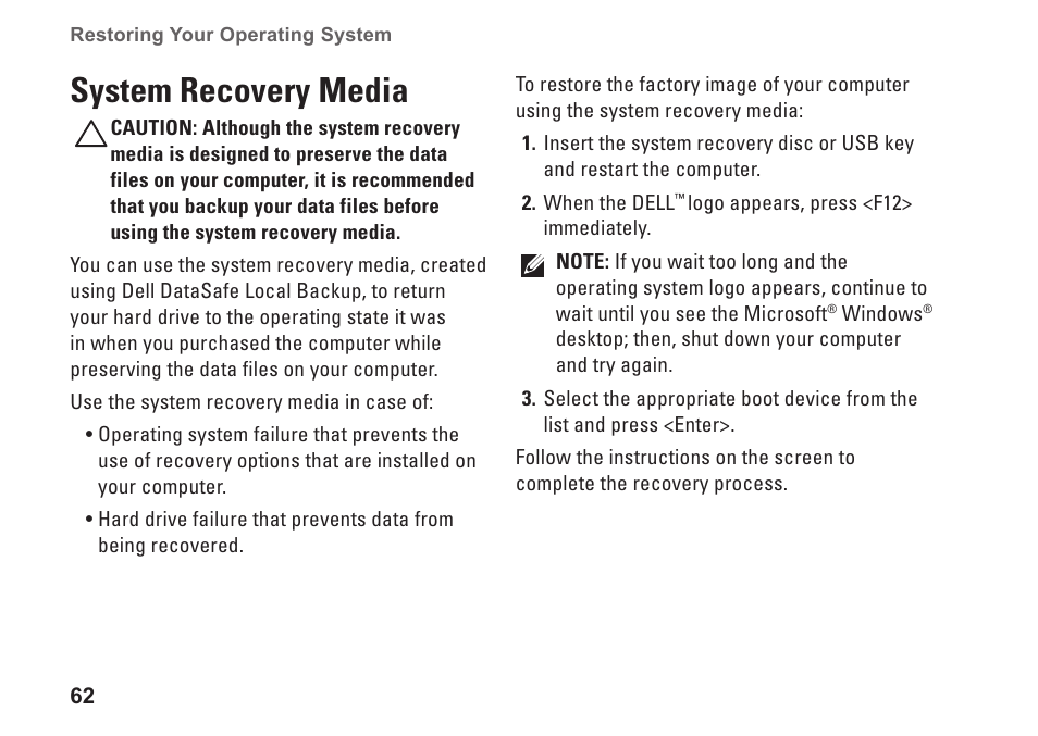 System recovery media | Dell Inspiron M301Z (Mid 2010) User Manual | Page 64 / 90