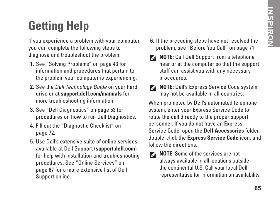 Getting help, Inspiron | Dell Inspiron M301Z (Mid 2010) User Manual | Page 67 / 90