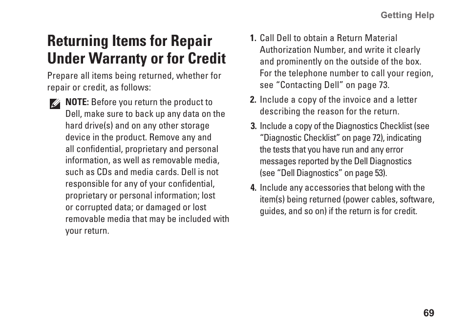 Returning items for repair under, Warranty or for credit | Dell Inspiron M301Z (Mid 2010) User Manual | Page 71 / 90