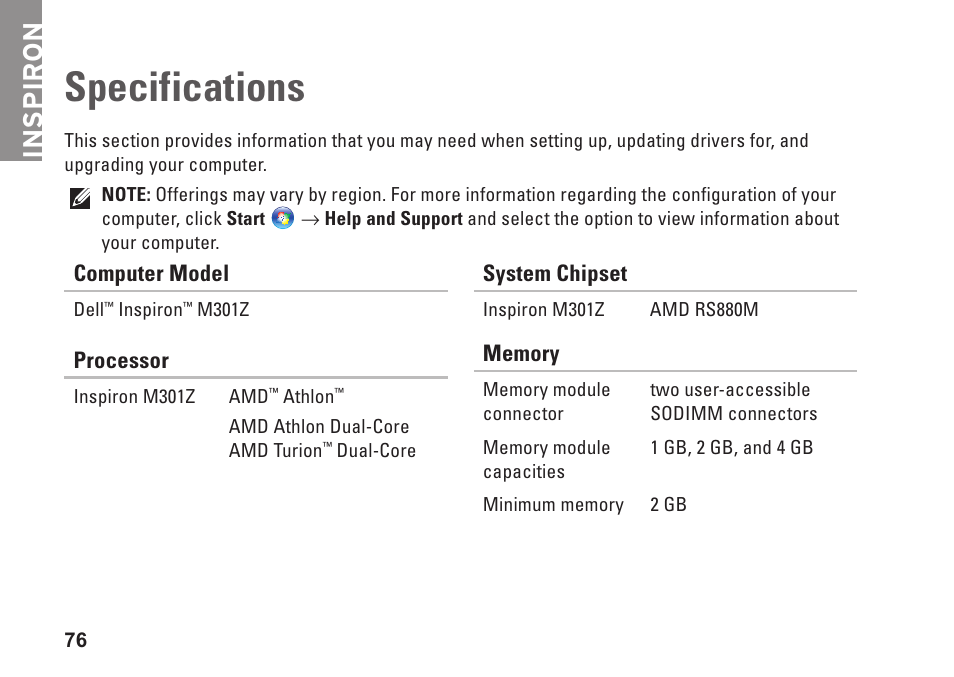 Specifications, Inspiron | Dell Inspiron M301Z (Mid 2010) User Manual | Page 78 / 90