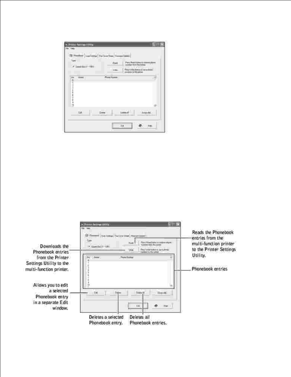 The phonebook tab, The scan settings tab | Dell 1600n Multifunction Mono Laser Printer User Manual | Page 36 / 188