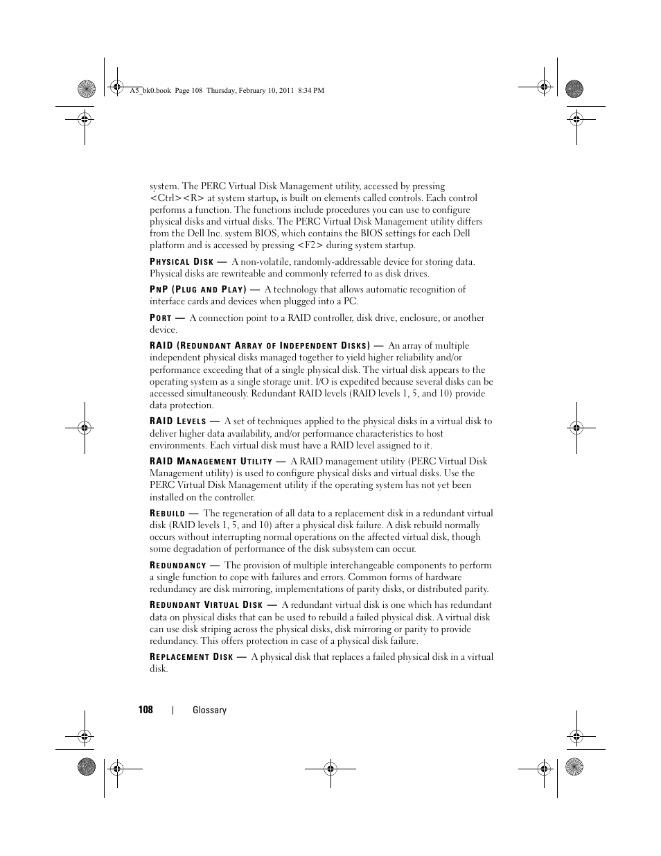 Physical disk, Pnp (plug and play), Port | Raid (redundant array of independent disks), Raid levels, Raid management utility, Rebuild, Redundancy, Redundant virtual disk, Replacement disk | Dell PowerEdge RAID Controller S300 User Manual | Page 108 / 110