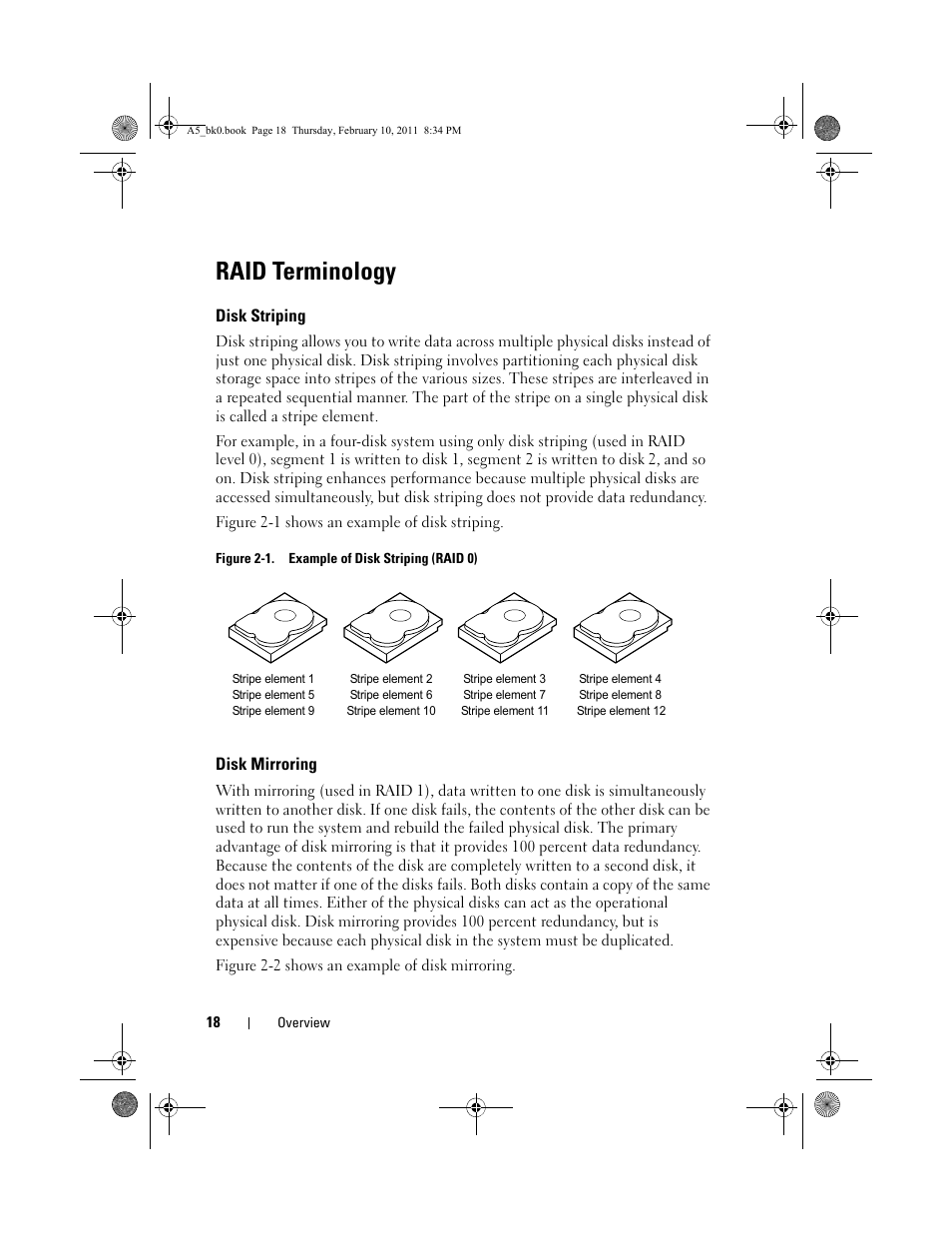 Raid terminology, Disk striping, Figure 2-1. example of disk striping (raid 0) | Disk mirroring | Dell PowerEdge RAID Controller S300 User Manual | Page 18 / 110