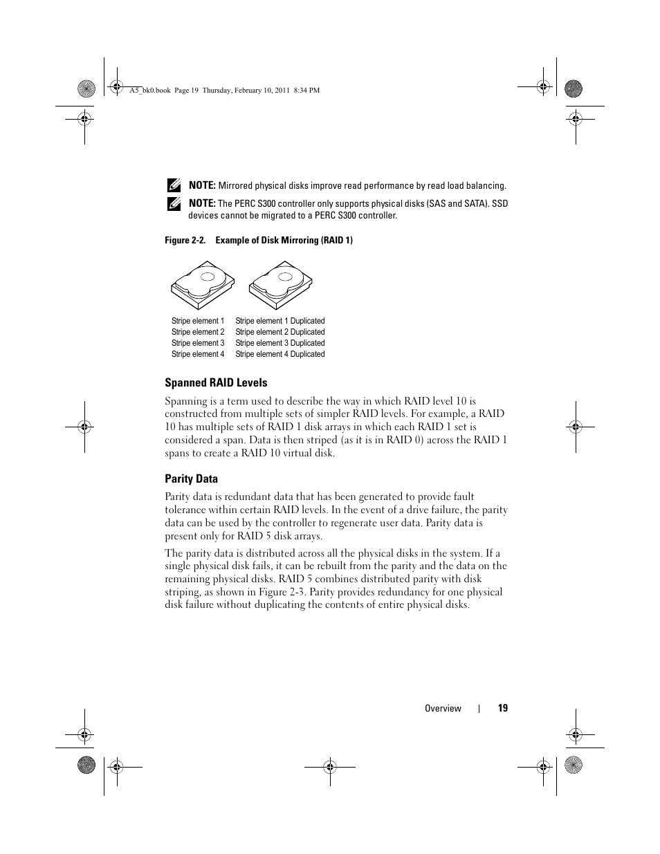 Figure 2-2. example of disk mirroring (raid 1), Spanned raid levels, Parity data | Dell PowerEdge RAID Controller S300 User Manual | Page 19 / 110