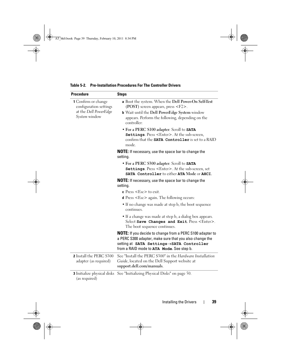 C press <esc> to exit, D press <esc> again. the following occurs, 2 install the perc s300 adapter (as required) | 3 initialize physical disks (as required), Table 5-2 | Dell PowerEdge RAID Controller S300 User Manual | Page 39 / 110