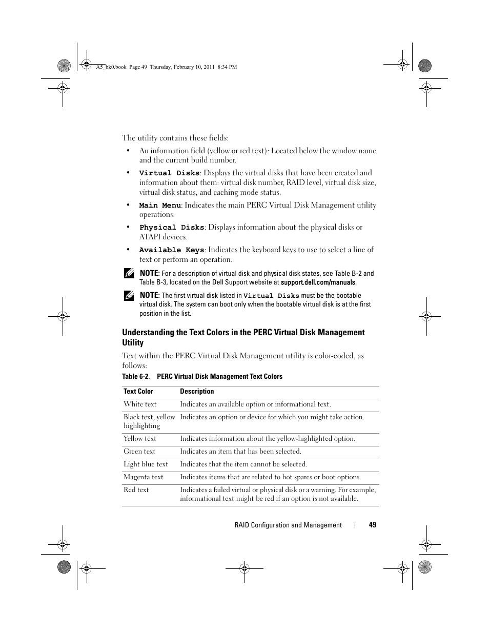 Understanding the text, Colors in the perc, Virtual disk management | Utility | Dell PowerEdge RAID Controller S300 User Manual | Page 49 / 110