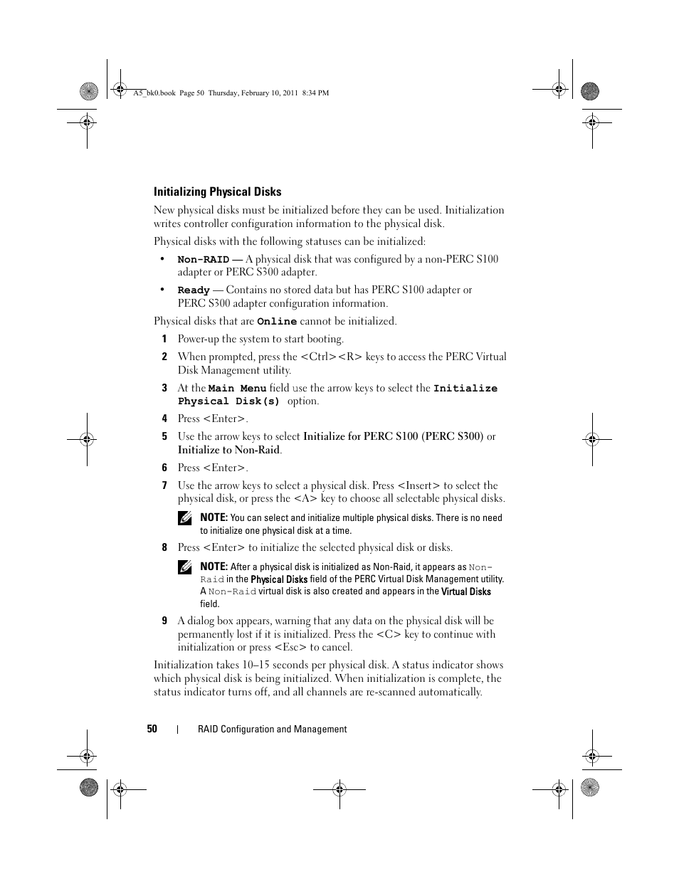 Initializing physical disks, 1 power-up the system to start booting, 4 press <enter | 6 press <enter | Dell PowerEdge RAID Controller S300 User Manual | Page 50 / 110