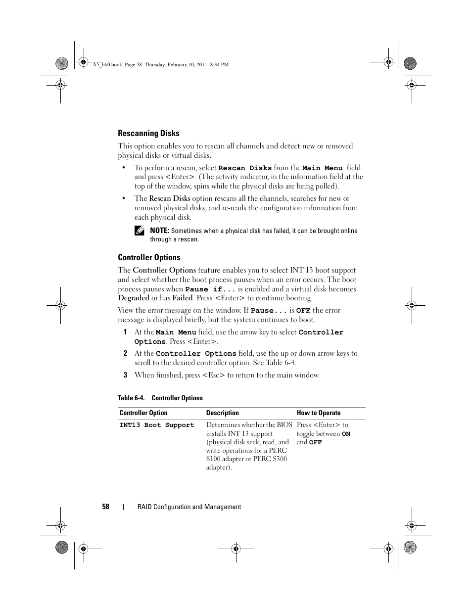 Rescanning disks, Controller options, Table 6-4. controller options | Dell PowerEdge RAID Controller S300 User Manual | Page 58 / 110