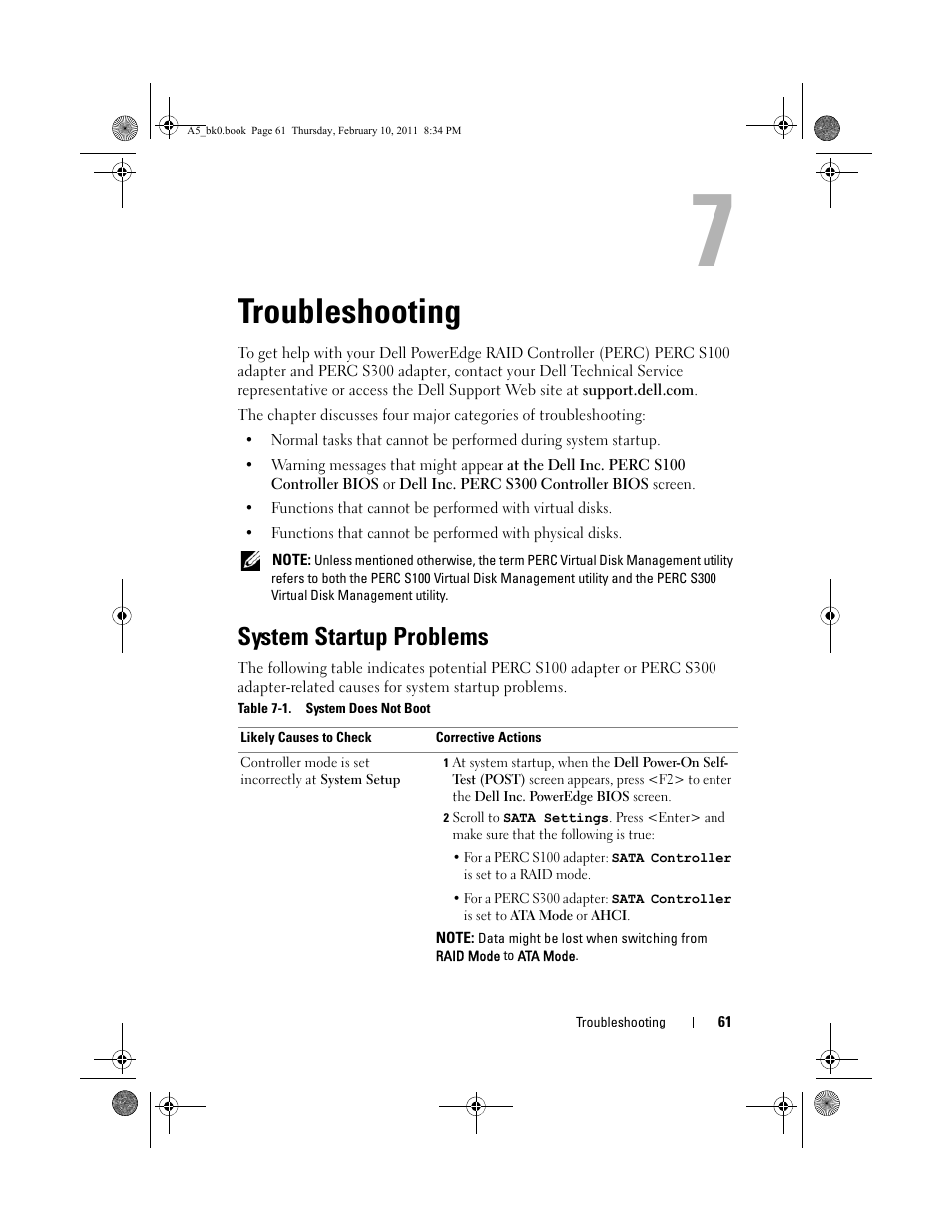 Troubleshooting, System startup problems, Table 7-1. system does not boot | Dell PowerEdge RAID Controller S300 User Manual | Page 61 / 110