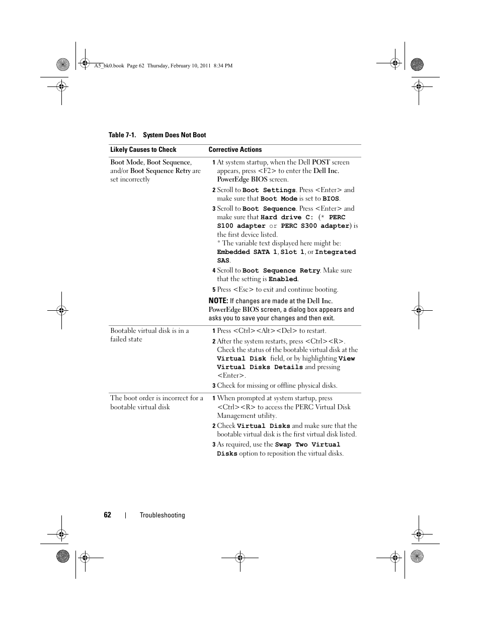 5 press <esc> to exit and continue booting, 1 press <ctrl><alt><del> to restart, 3 check for missing or offline physical disks | Dell PowerEdge RAID Controller S300 User Manual | Page 62 / 110