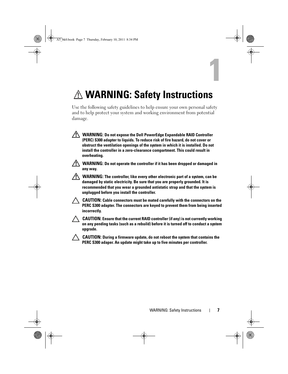 Warning: safety instructions | Dell PowerEdge RAID Controller S300 User Manual | Page 7 / 110